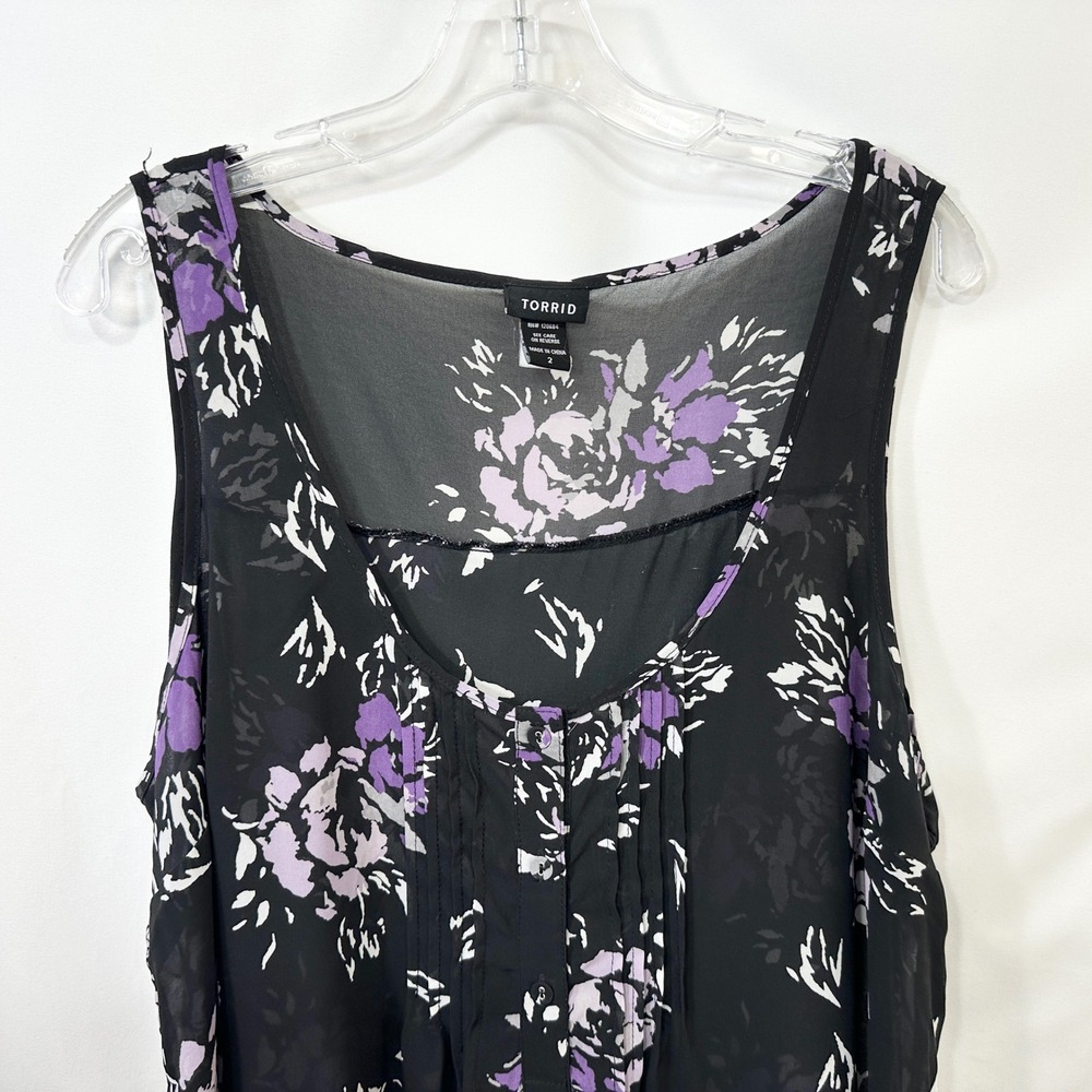 Torrid Plus Size 2X Tank Top Black Purple Floral Chiffon Tulip Back 1695 - Picture 4 of 10